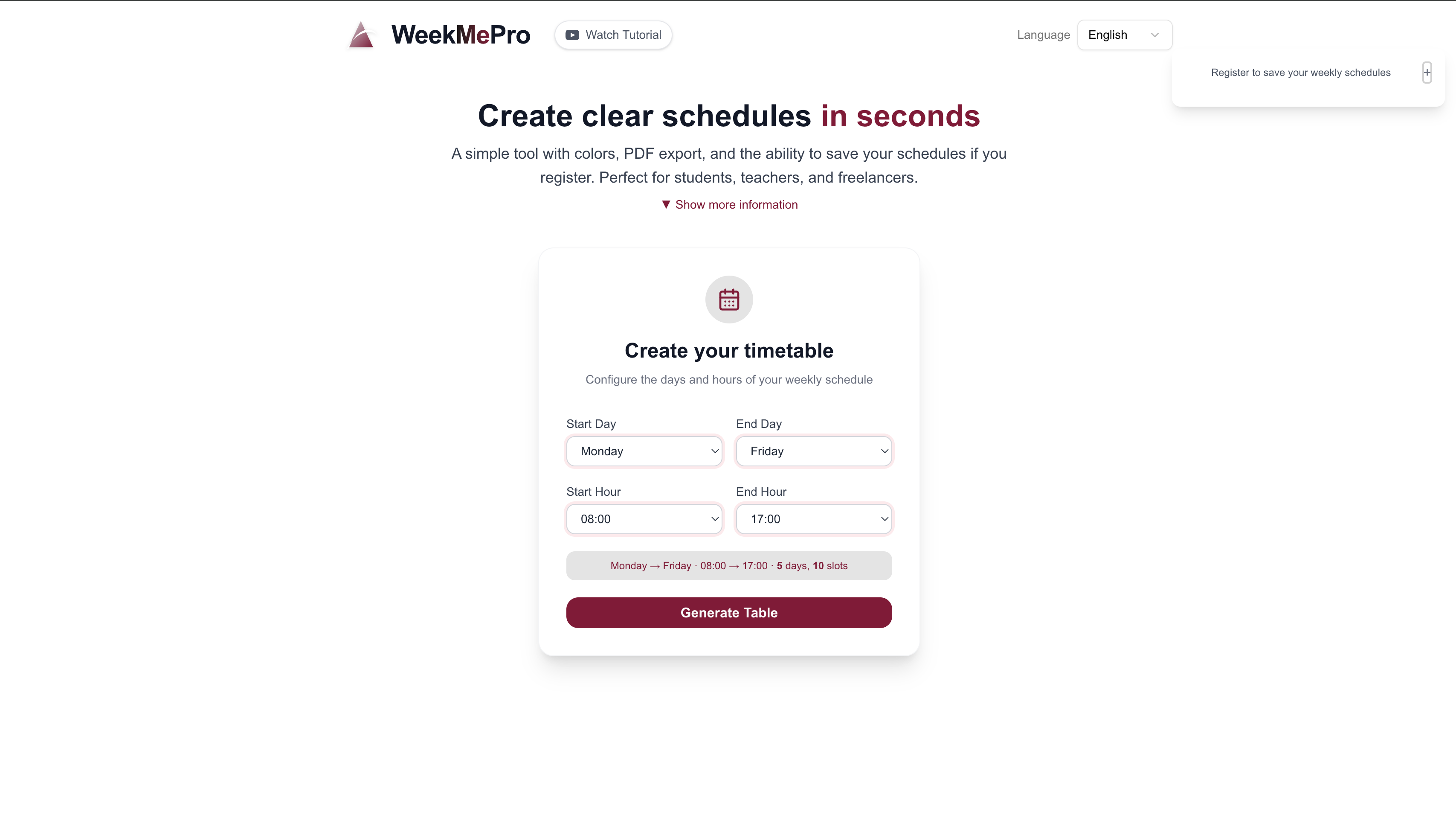 WeekMePro initial configuration form to set days and hours