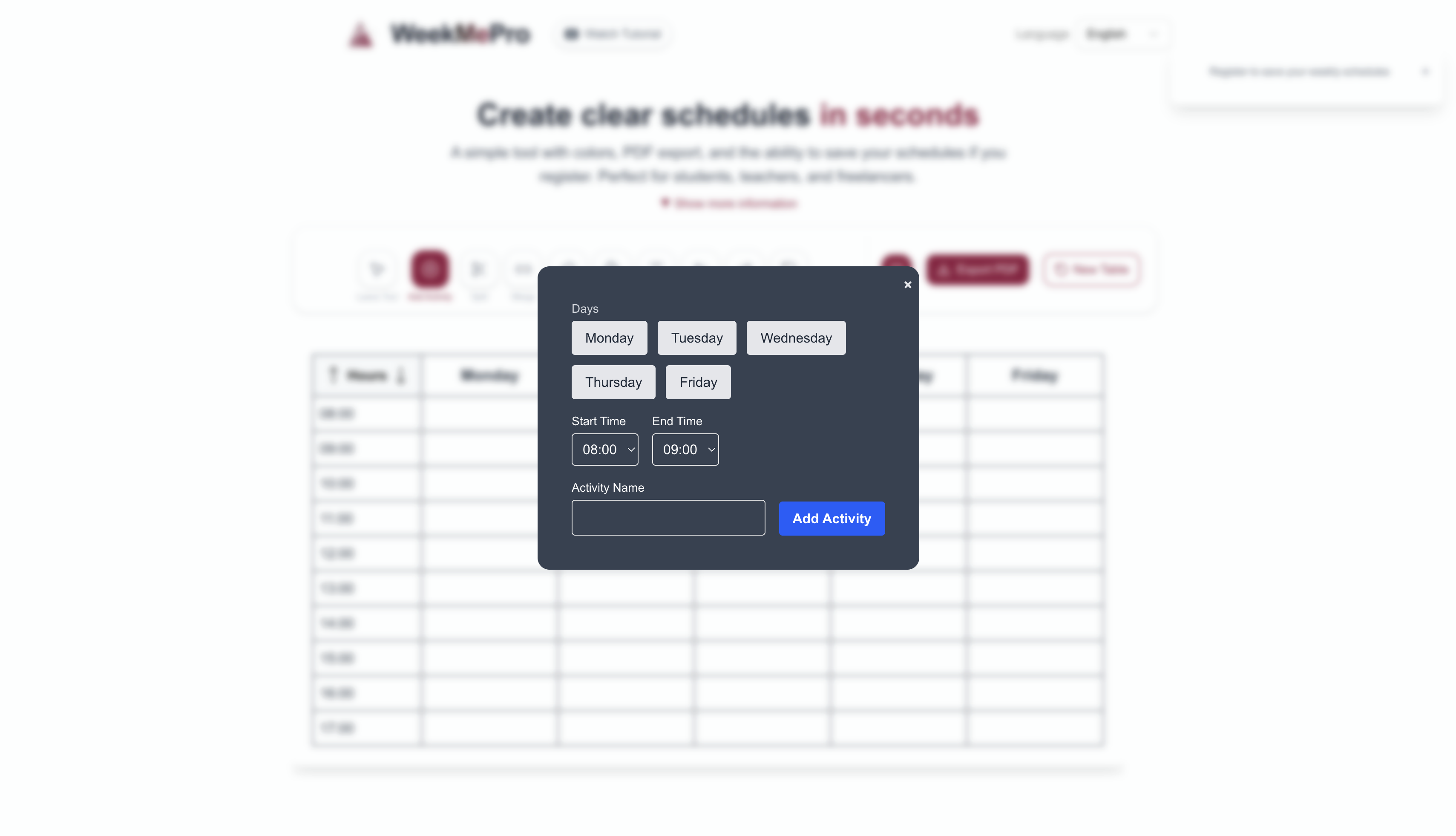 WeekMePro multi-day activity entry form